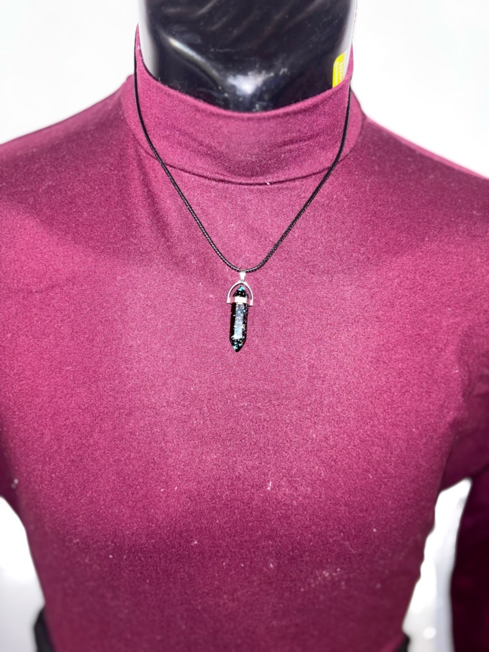 Black Crystal Point Pendant Necklace with Black Cord